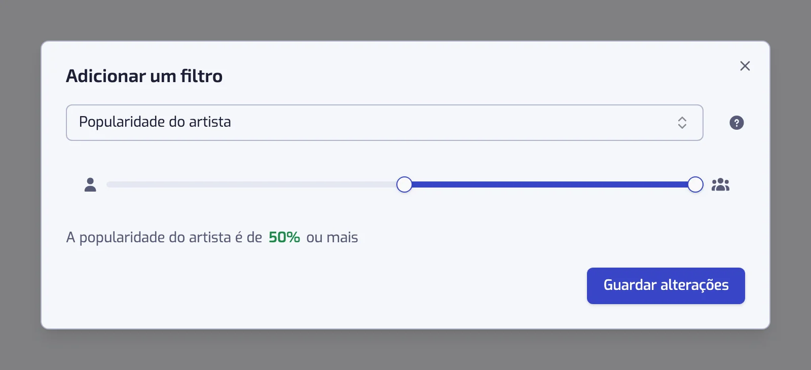 A janela do filtro Popularidade do artista com o controlo deslizante de dois manípulos definido em 50 e 100