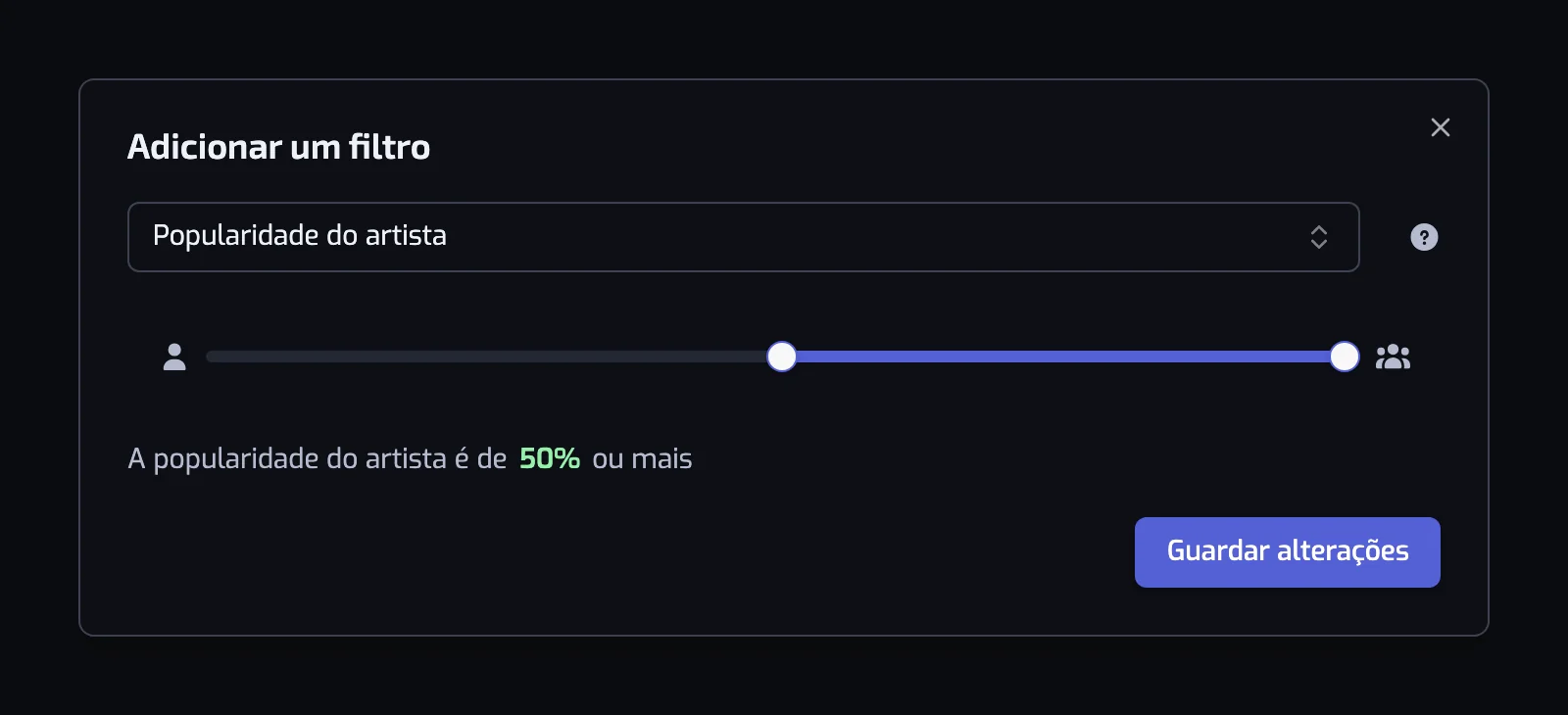 A janela do filtro Popularidade do artista com o controlo deslizante de dois manípulos definido em 50 e 100