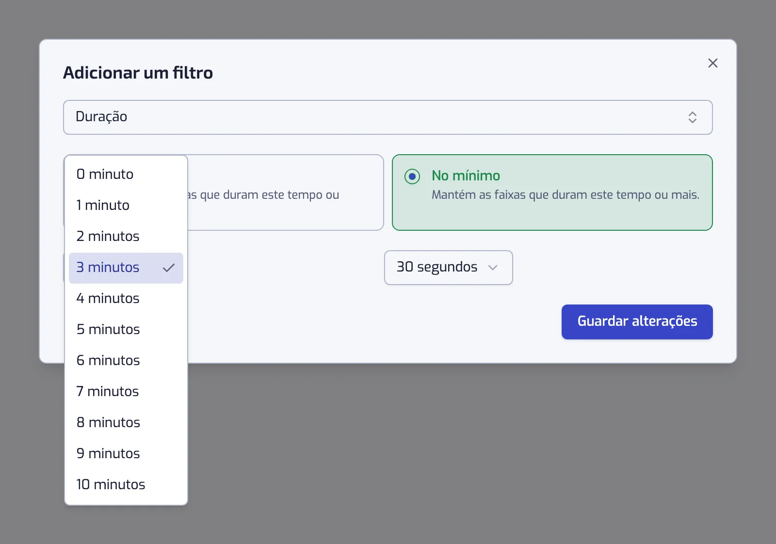 A janela do filtro Duração com os cartões No mínimo e No máximo, a lista de minutos aberta ao lado do controlo de segundos