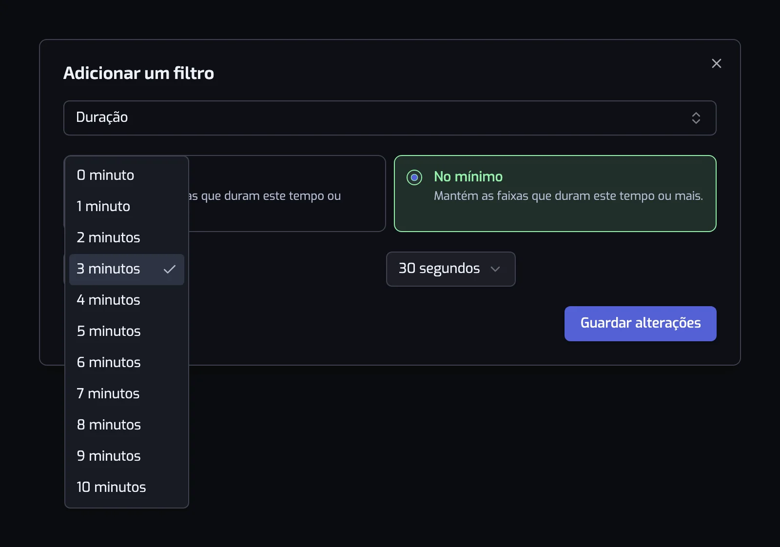 A janela do filtro Duração com os cartões No mínimo e No máximo, a lista de minutos aberta ao lado do controlo de segundos