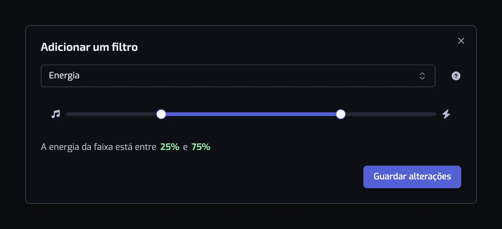 A janela do filtro Energia com o controlo deslizante de dois manípulos e a frase que produz