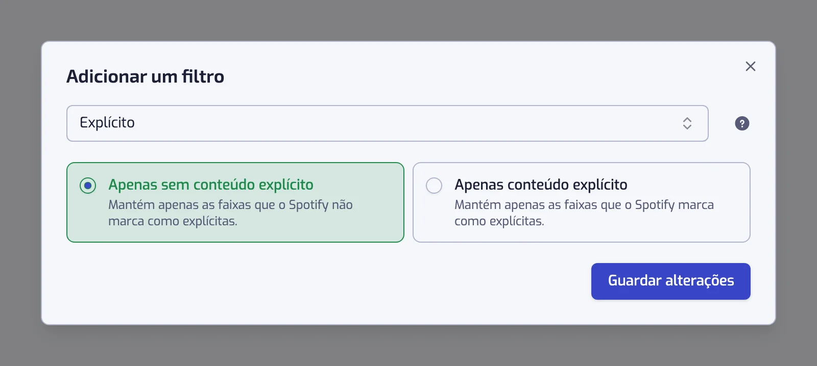 A janela do filtro Explícito com os cartões Apenas sem conteúdo explícito e Apenas conteúdo explícito