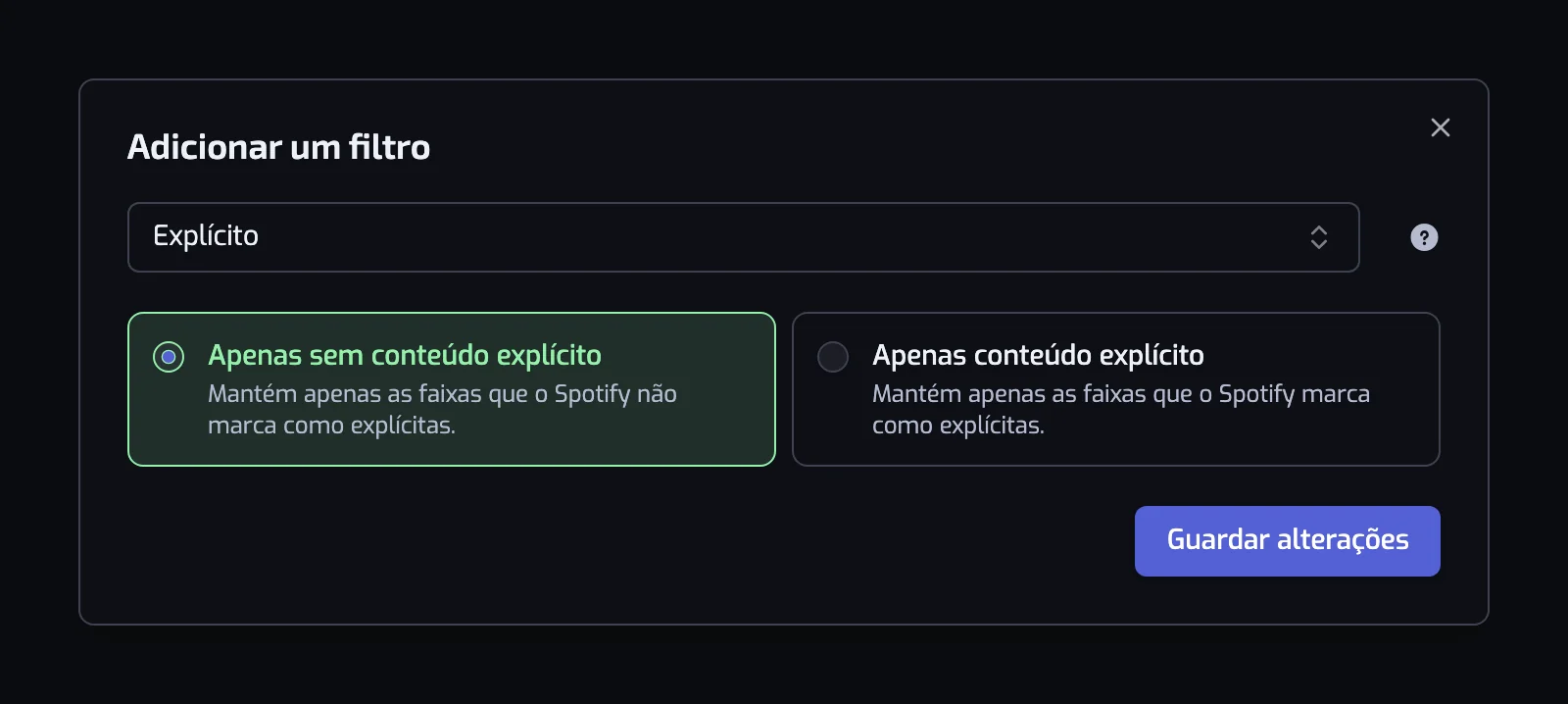 A janela do filtro Explícito com os cartões Apenas sem conteúdo explícito e Apenas conteúdo explícito