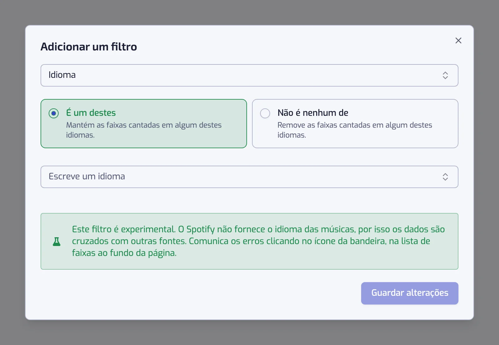 A janela do filtro Idioma com os dois cartões de operador, o seletor de idioma e o aviso experimental