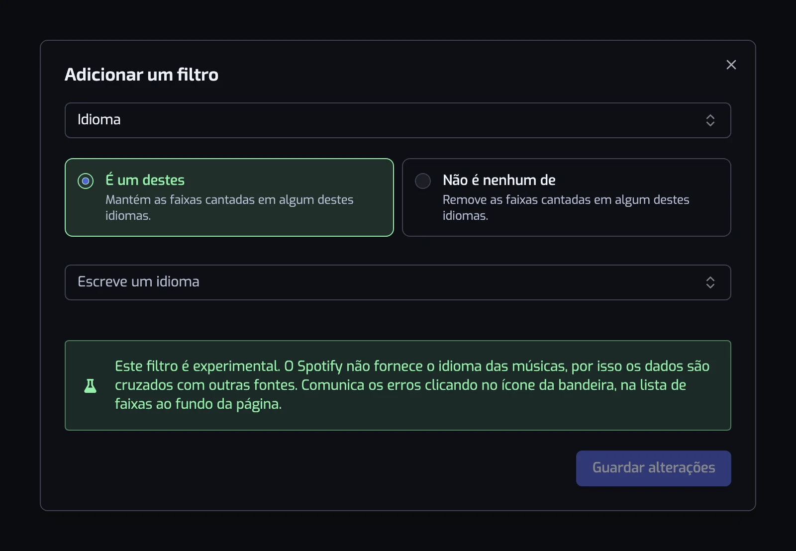 A janela do filtro Idioma com os dois cartões de operador, o seletor de idioma e o aviso experimental