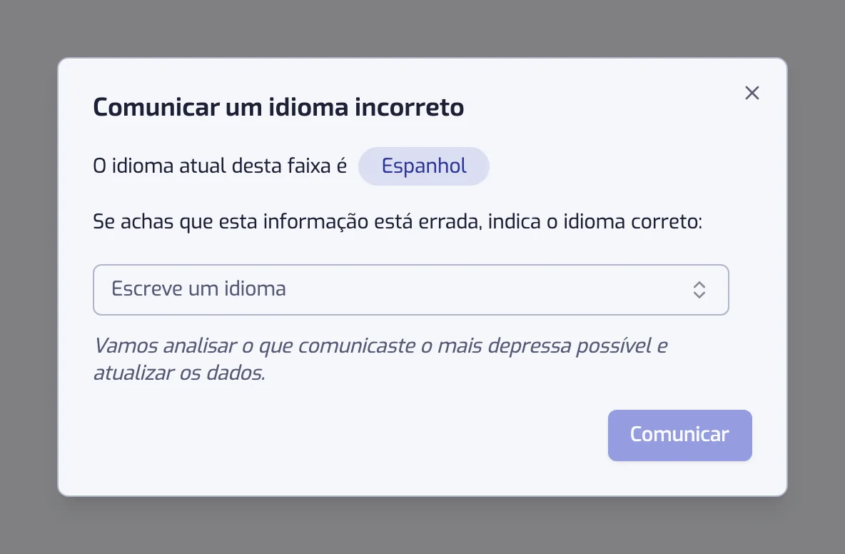 A janela Comunicar um idioma incorreto, com o idioma atual e um seletor para o correto