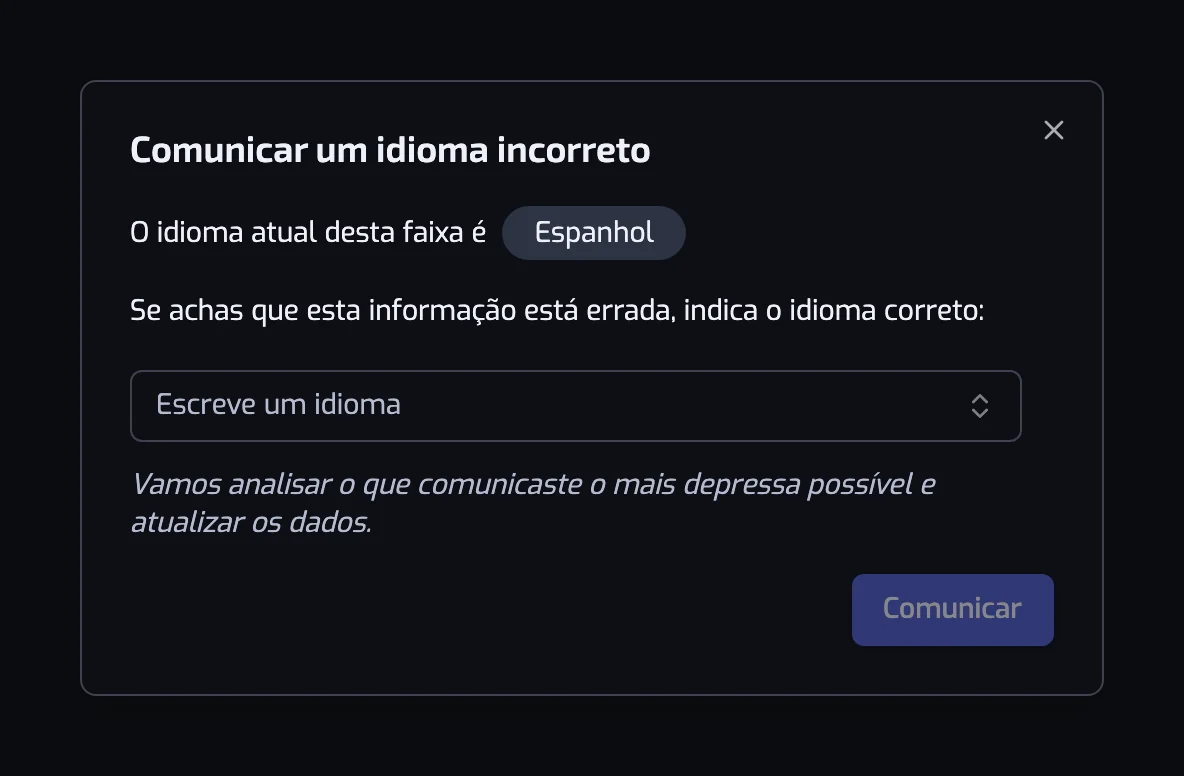 A janela Comunicar um idioma incorreto, com o idioma atual e um seletor para o correto