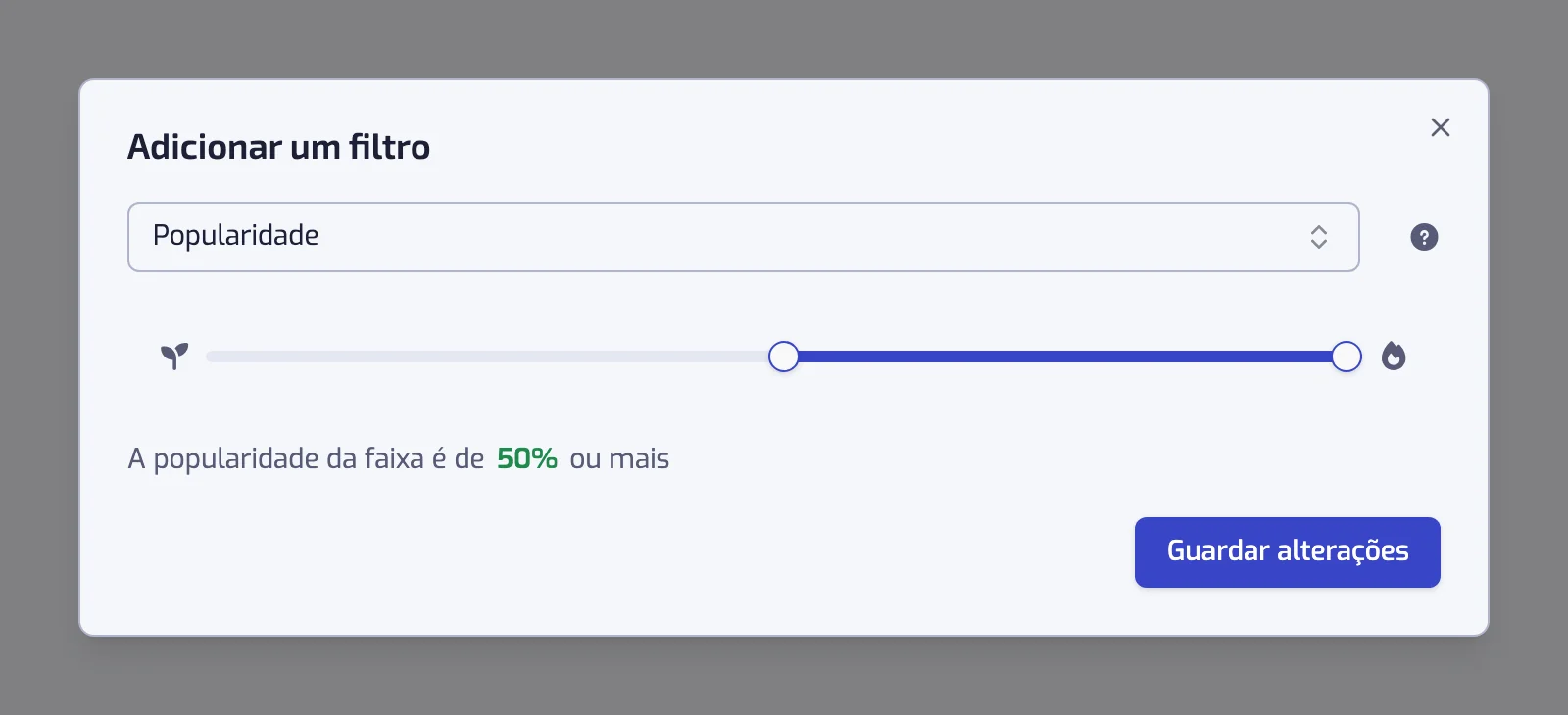 A janela do filtro Popularidade com o controlo deslizante de dois manípulos e a frase por baixo