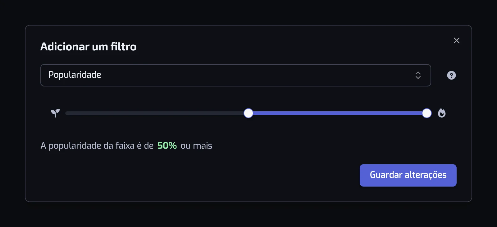 A janela do filtro Popularidade com o controlo deslizante de dois manípulos e a frase por baixo