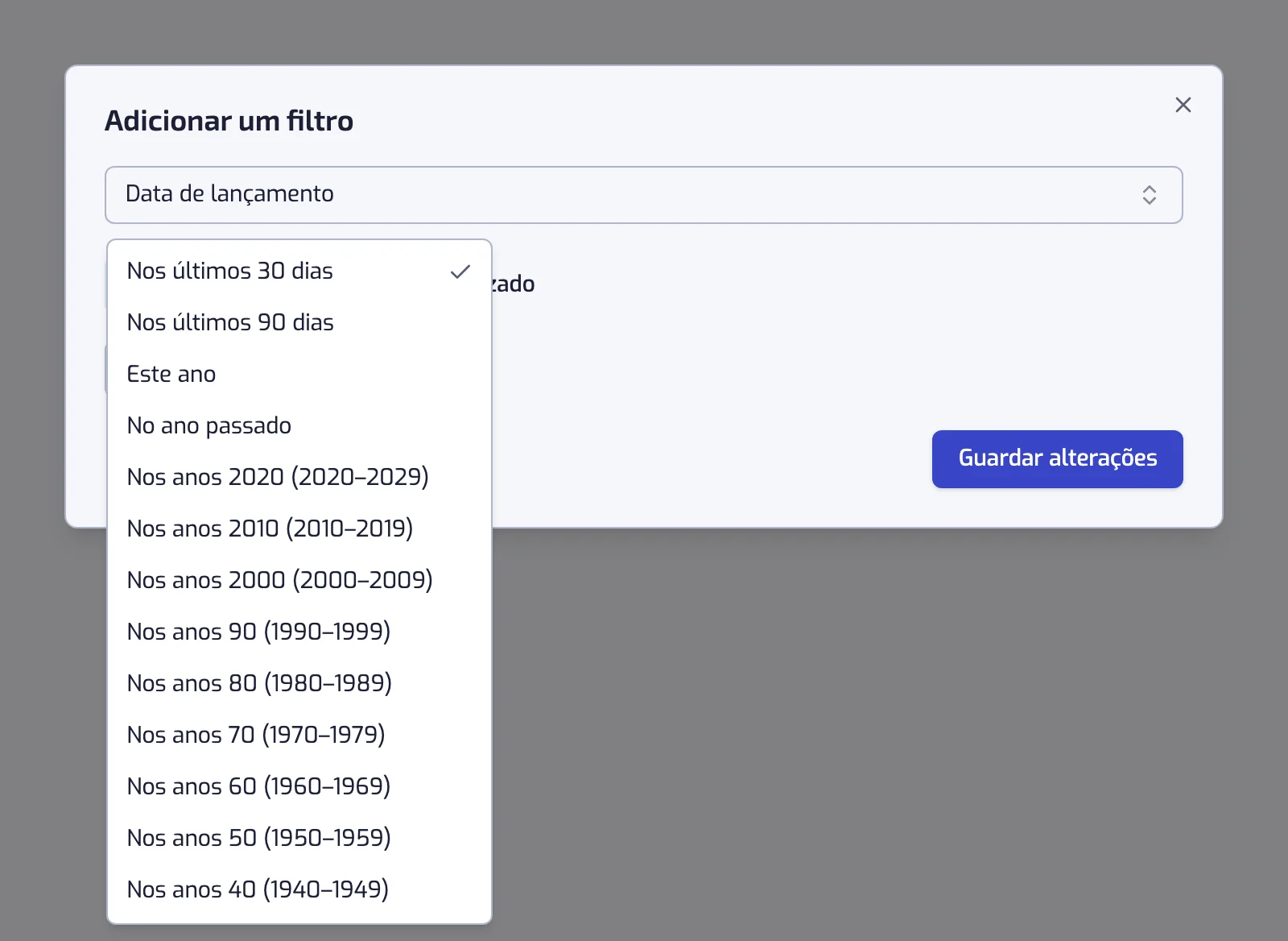 A janela do filtro Data de lançamento com a lista de Predefinição aberta nas décadas