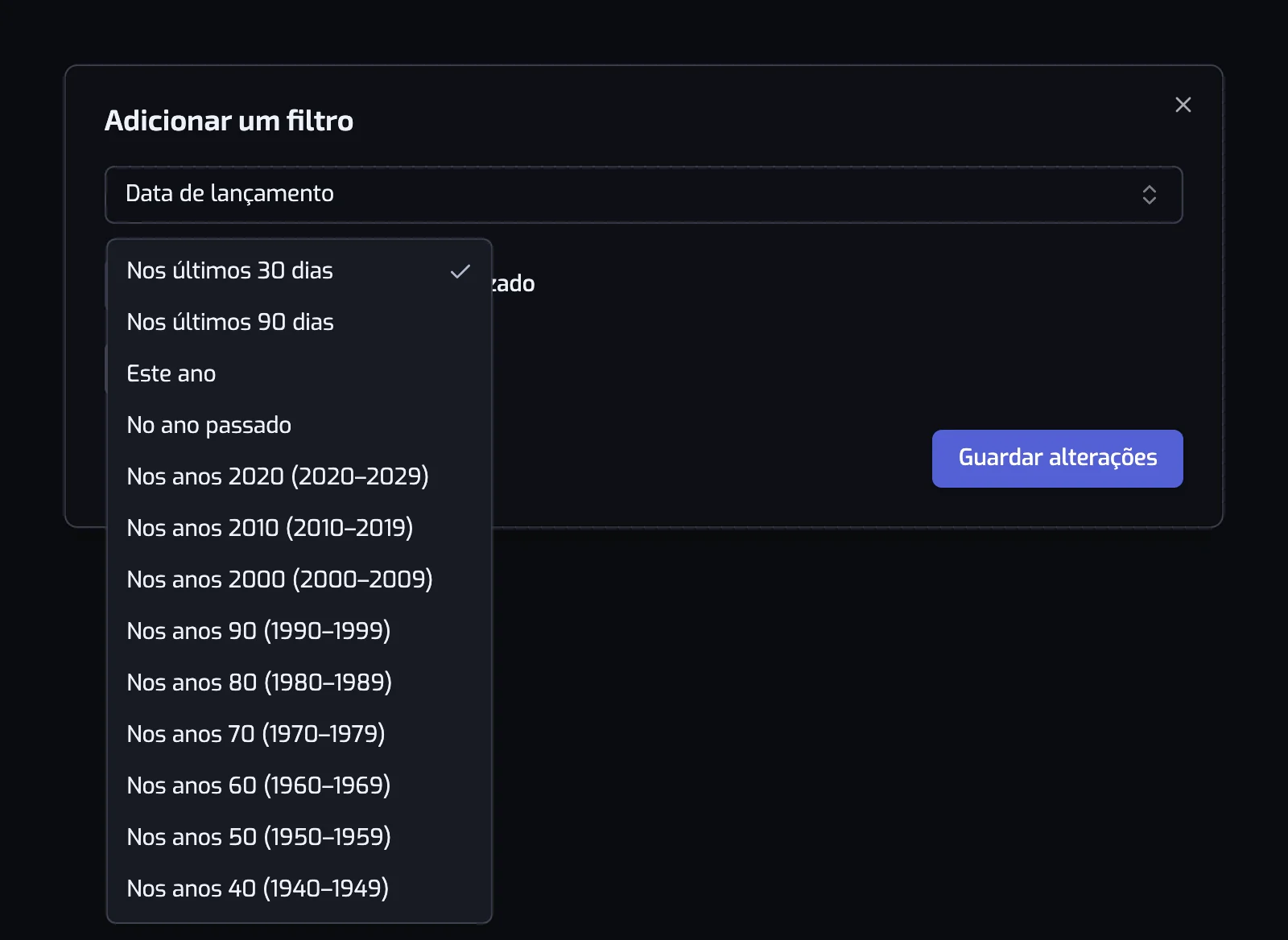 A janela do filtro Data de lançamento com a lista de Predefinição aberta nas décadas