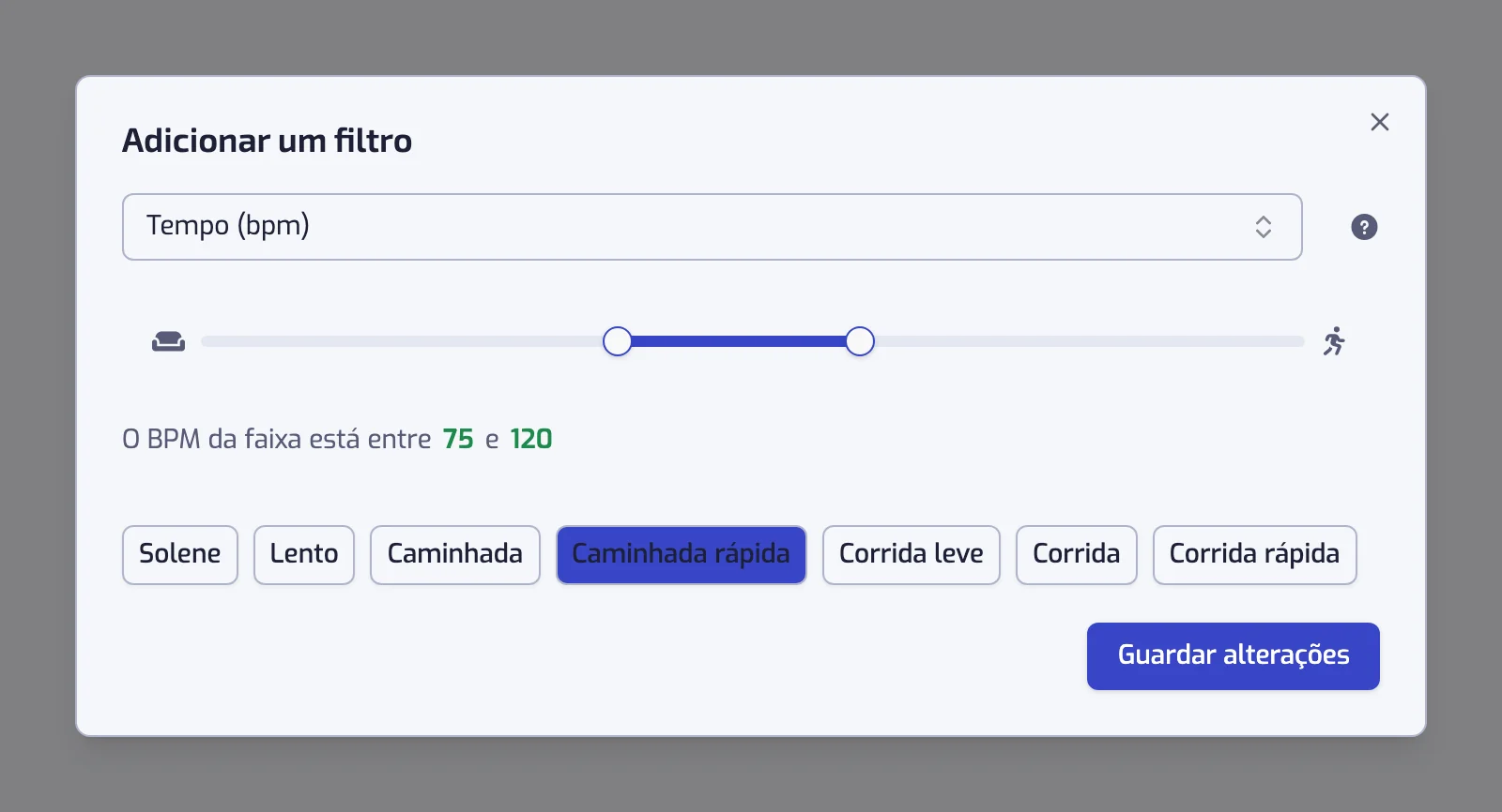 A janela do filtro Tempo com o controlo deslizante e os sete botões de predefinição, de Solene a Corrida rápida