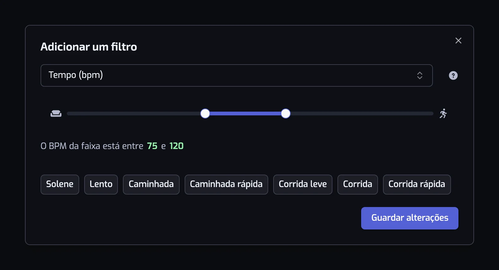 A janela do filtro Tempo com o controlo deslizante e os sete botões de predefinição, de Solene a Corrida rápida