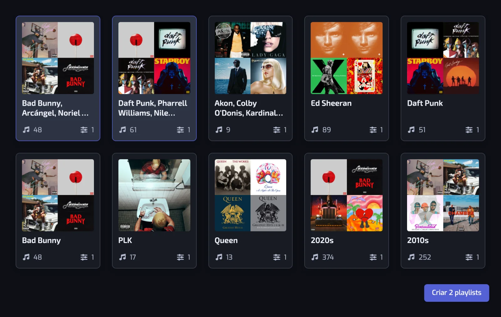 A página Descobrir com várias playlists sugeridas, duas delas selecionadas