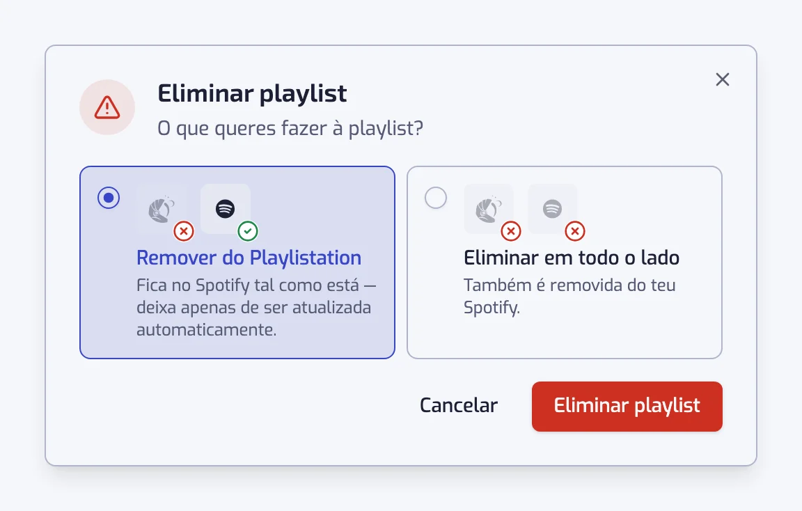 A janela Eliminar playlist com as duas escolhas, Remover do Playlistation e Eliminar em todo o lado