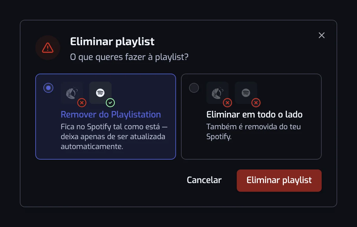 A janela Eliminar playlist com as duas escolhas, Remover do Playlistation e Eliminar em todo o lado