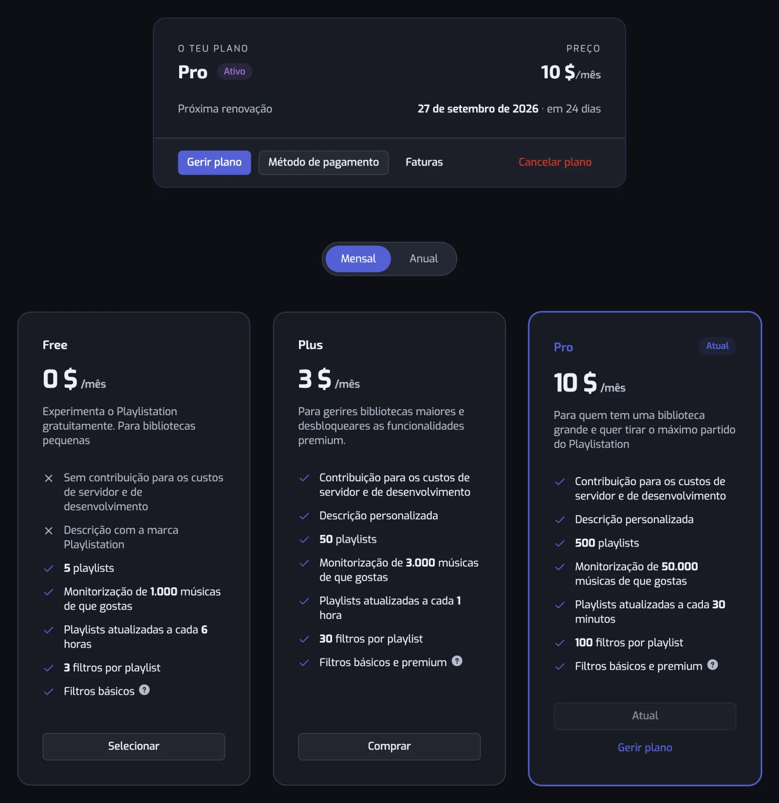 A página Subscrição com o seletor Mensal e Anual e os cartões Free, Plus e Pro