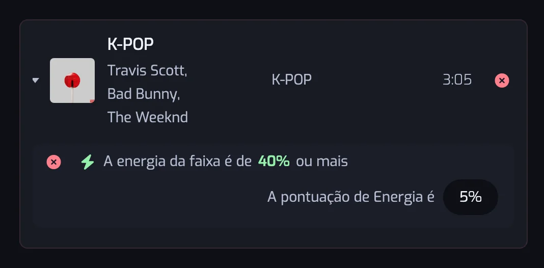 Uma faixa removida expandida dentro de uma entrada do histórico, com o filtro Energia que não passou e o valor de energia da faixa