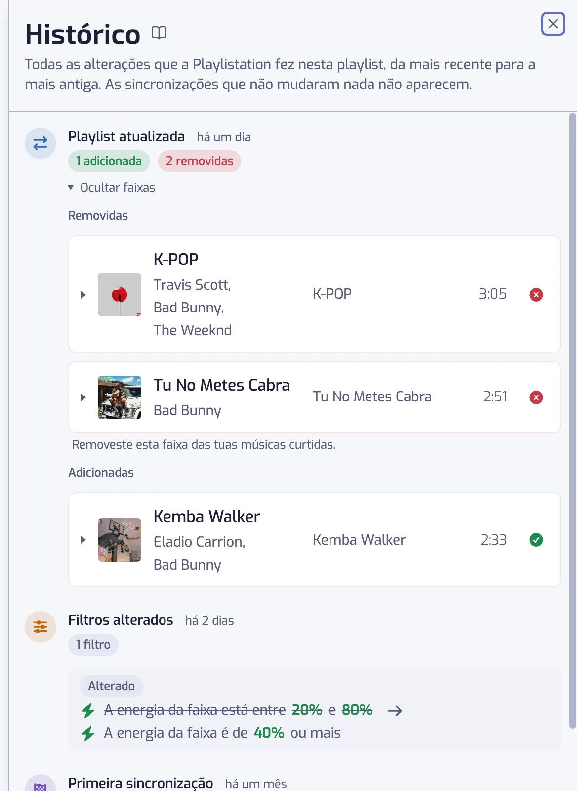 O painel do histórico com várias entradas: uma atualização com faixas adicionadas e removidas, uma alteração de filtros e a primeira sincronização