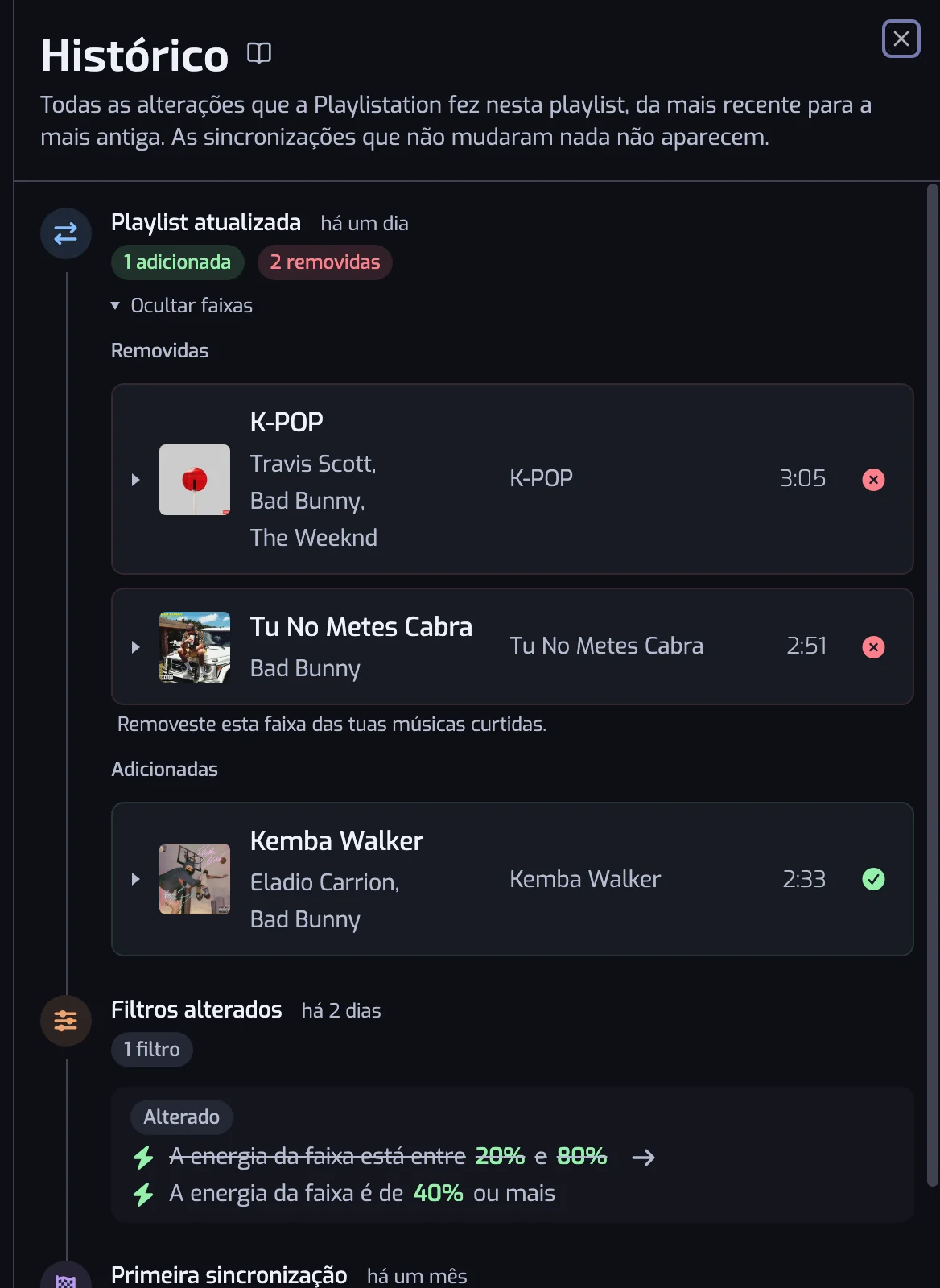 O painel do histórico com várias entradas: uma atualização com faixas adicionadas e removidas, uma alteração de filtros e a primeira sincronização