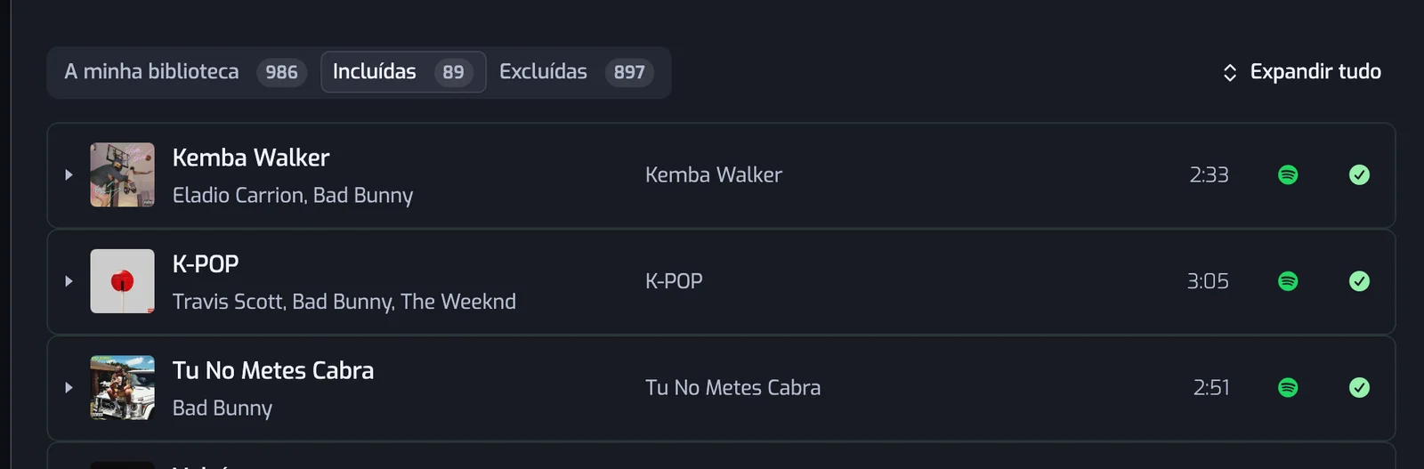 O separador Incluídas selecionado: todas as linhas terminam com um visto verde