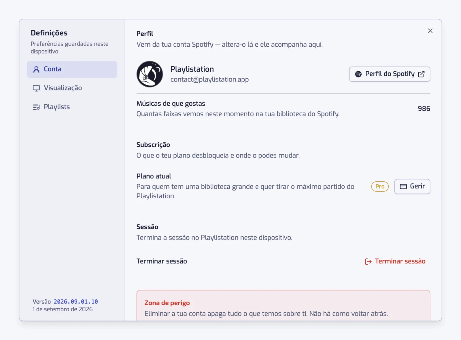 A janela de definições aberta na secção Conta, com as secções Conta, Visualização e Playlists listadas à esquerda