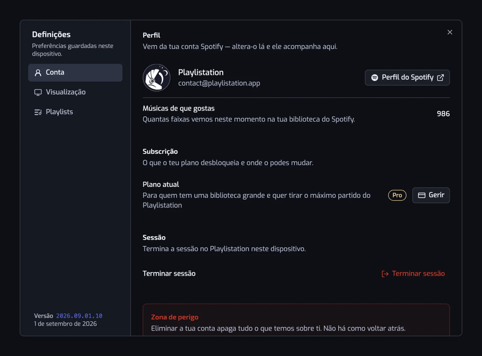 A janela de definições aberta na secção Conta, com as secções Conta, Visualização e Playlists listadas à esquerda