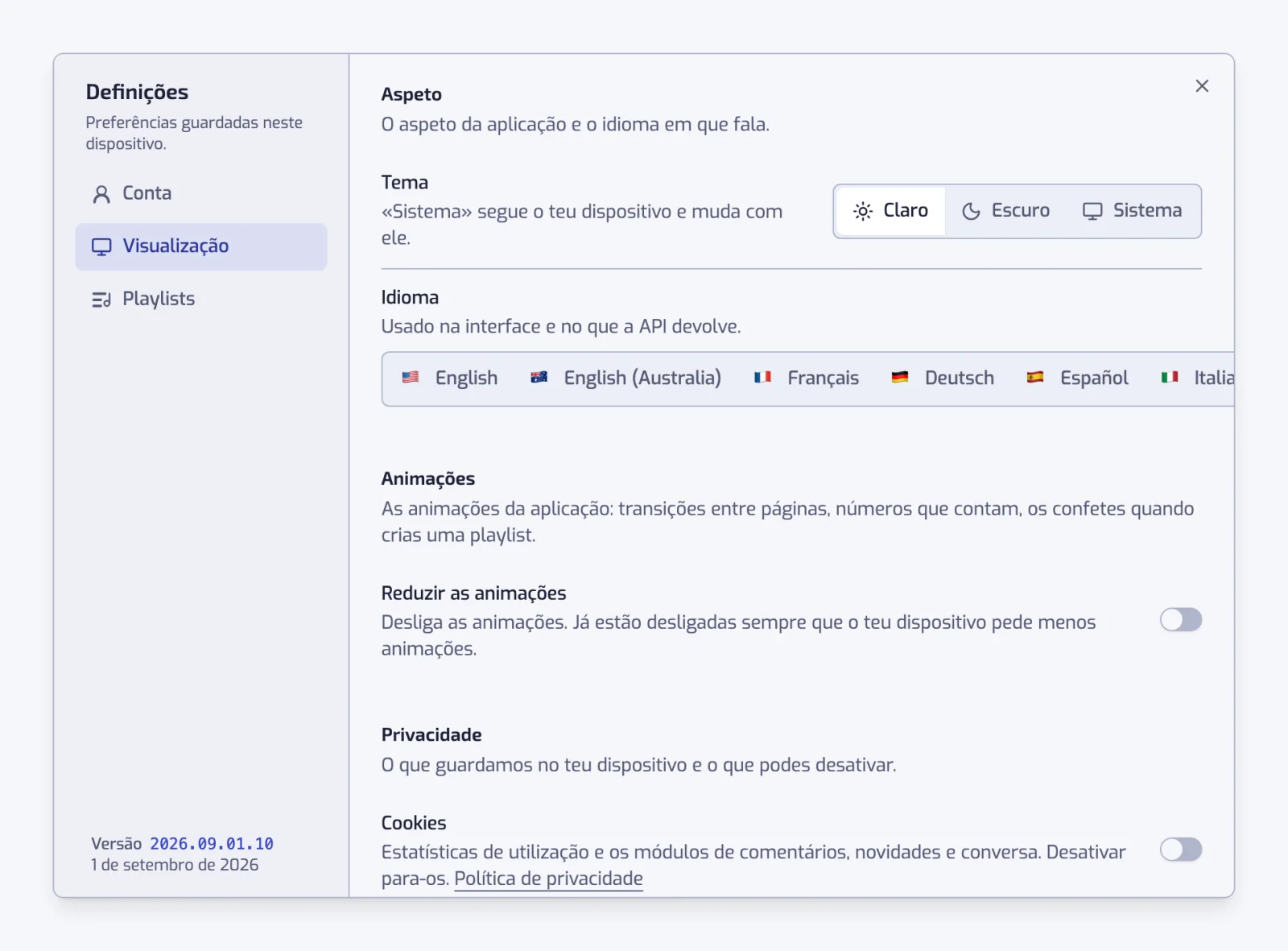 A secção Visualização com os controlos segmentados Tema e Idioma, o interruptor Reduzir as animações e o interruptor Cookies em Privacidade
