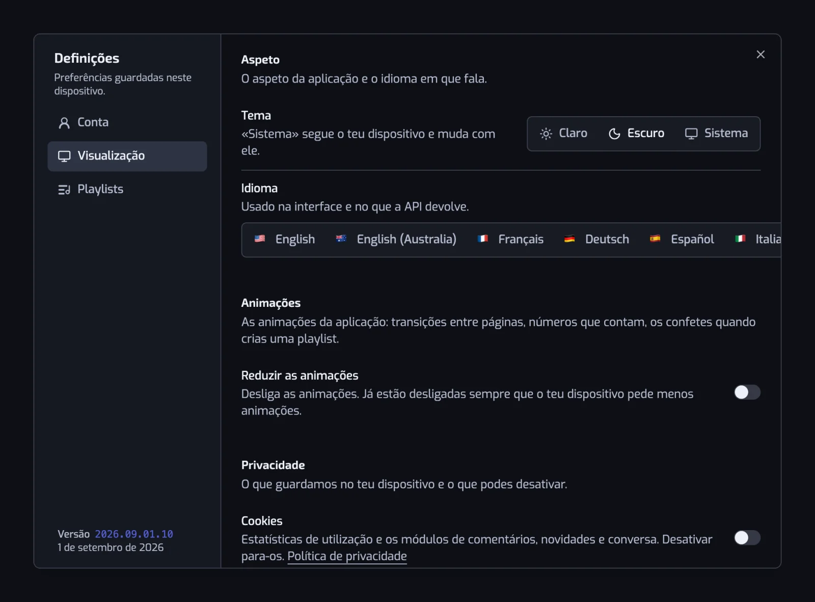 A secção Visualização com os controlos segmentados Tema e Idioma, o interruptor Reduzir as animações e o interruptor Cookies em Privacidade